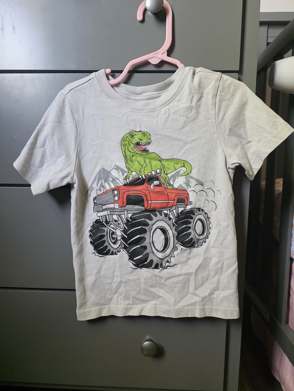 Kids Short Sleeve Tee - Green Dino on Red Monster Truck
